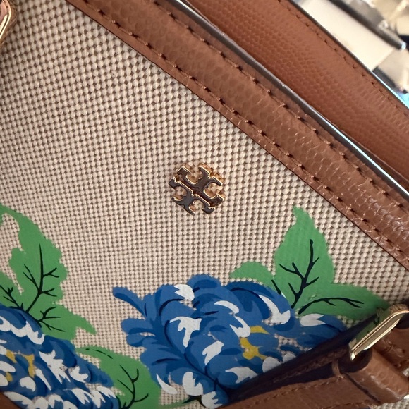 Tory Burch Small Walker Blue Floral Canvas Satchel with Tan Leather - Picture 3 of 6
